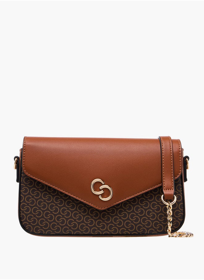 Women's Monogram Print Crossbody Bag with Chain Strap and Button Closure