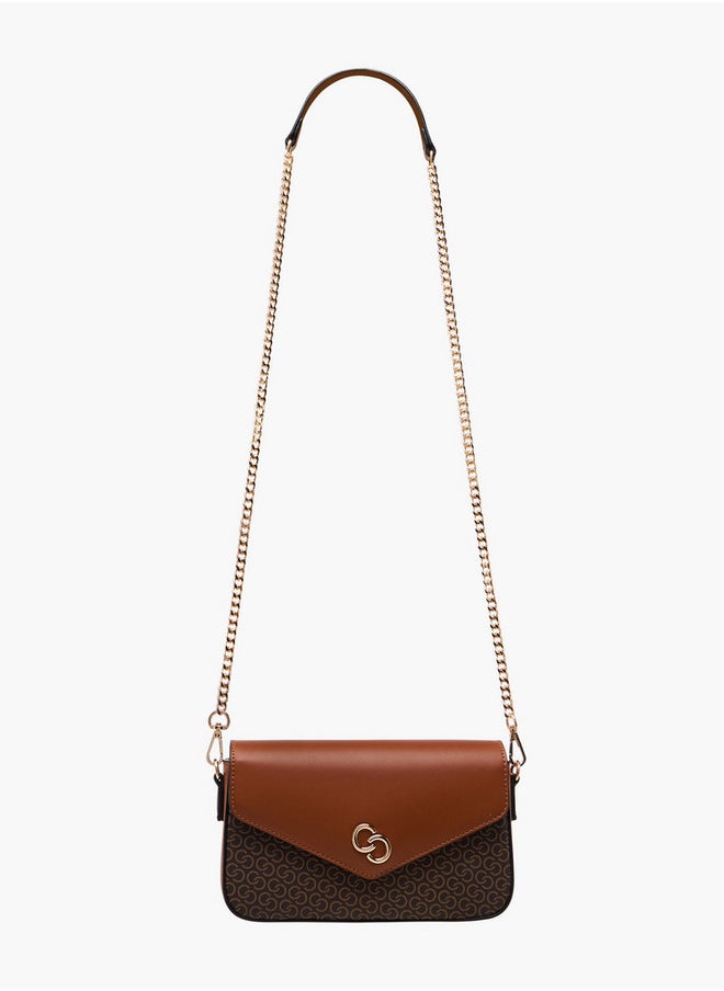 Women's Monogram Print Crossbody Bag with Chain Strap and Button Closure
