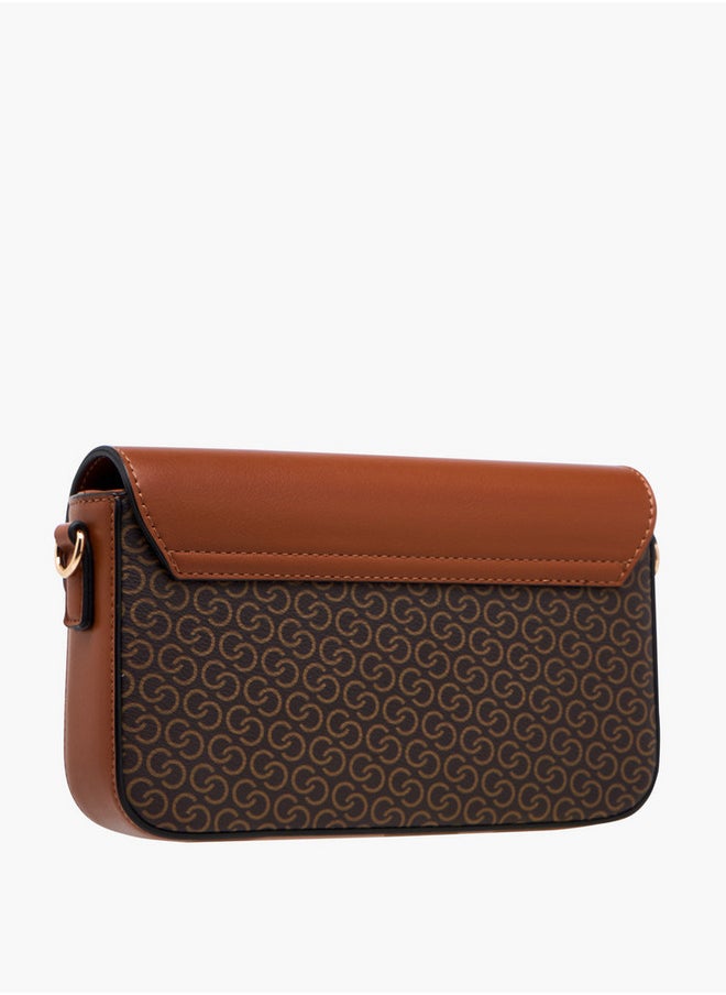 Women's Monogram Print Crossbody Bag with Chain Strap and Button Closure