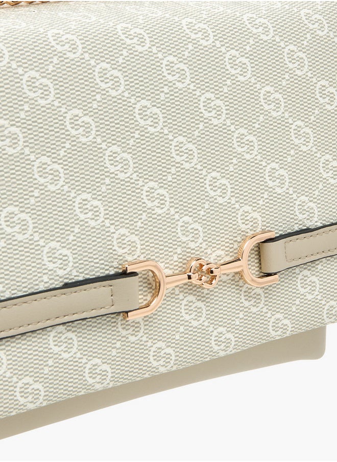 Monogram Print Cross Body Bag with Flap Closure and Chain Strap