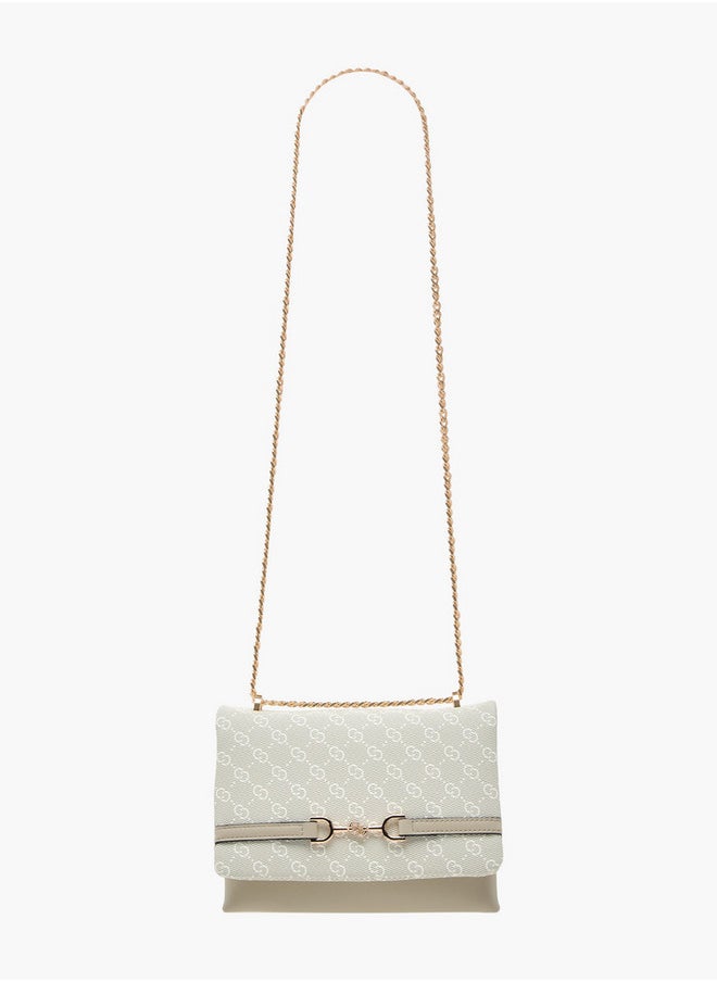 Monogram Print Cross Body Bag with Flap Closure and Chain Strap