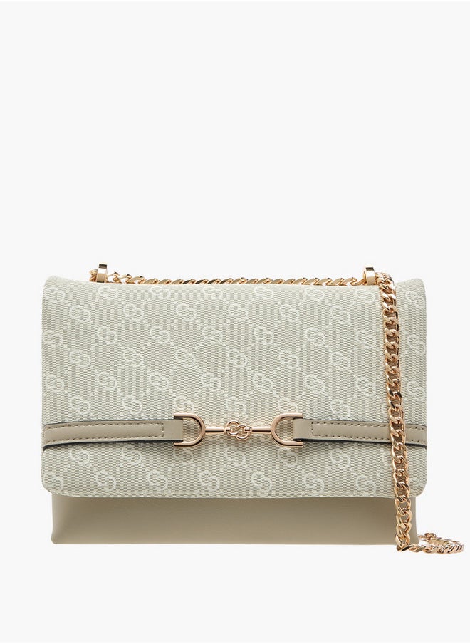 Monogram Print Cross Body Bag with Flap Closure and Chain Strap