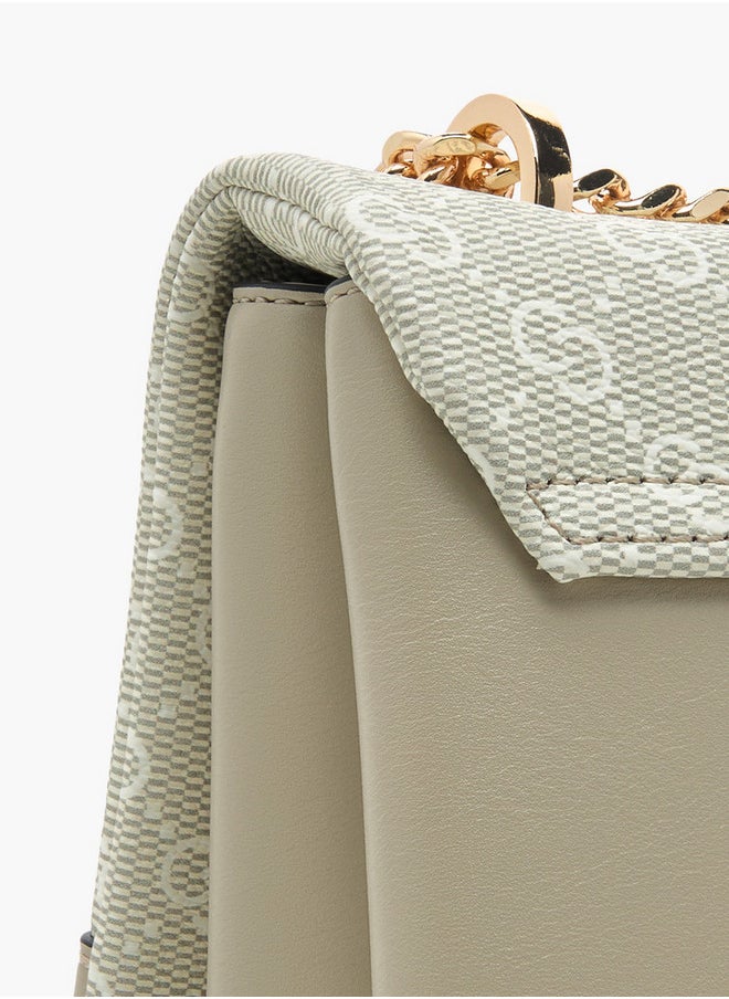 Monogram Print Cross Body Bag with Flap Closure and Chain Strap
