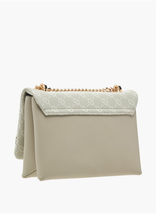 Monogram Print Cross Body Bag with Flap Closure and Chain Strap