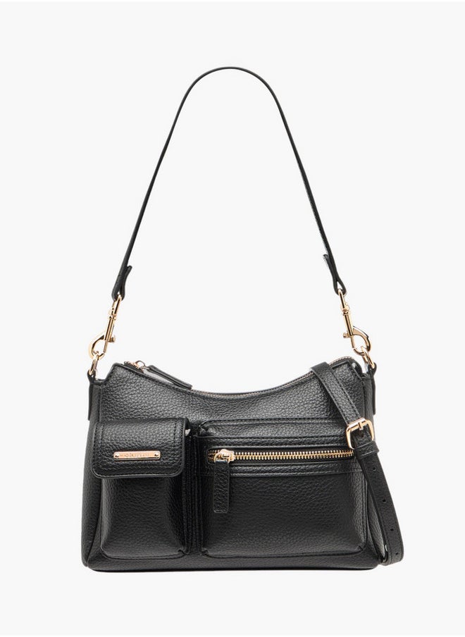 Textured Crossbody Bag with Detachable Strap and Zip Closure