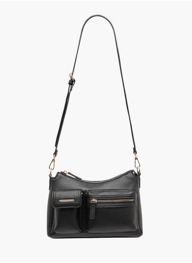 Textured Crossbody Bag with Detachable Strap and Zip Closure