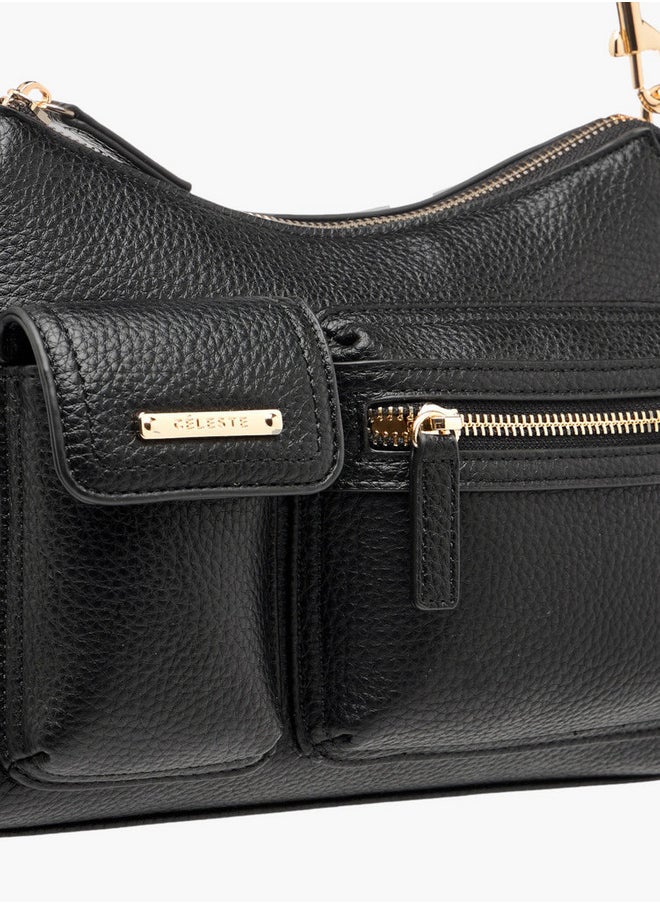 Textured Crossbody Bag with Detachable Strap and Zip Closure