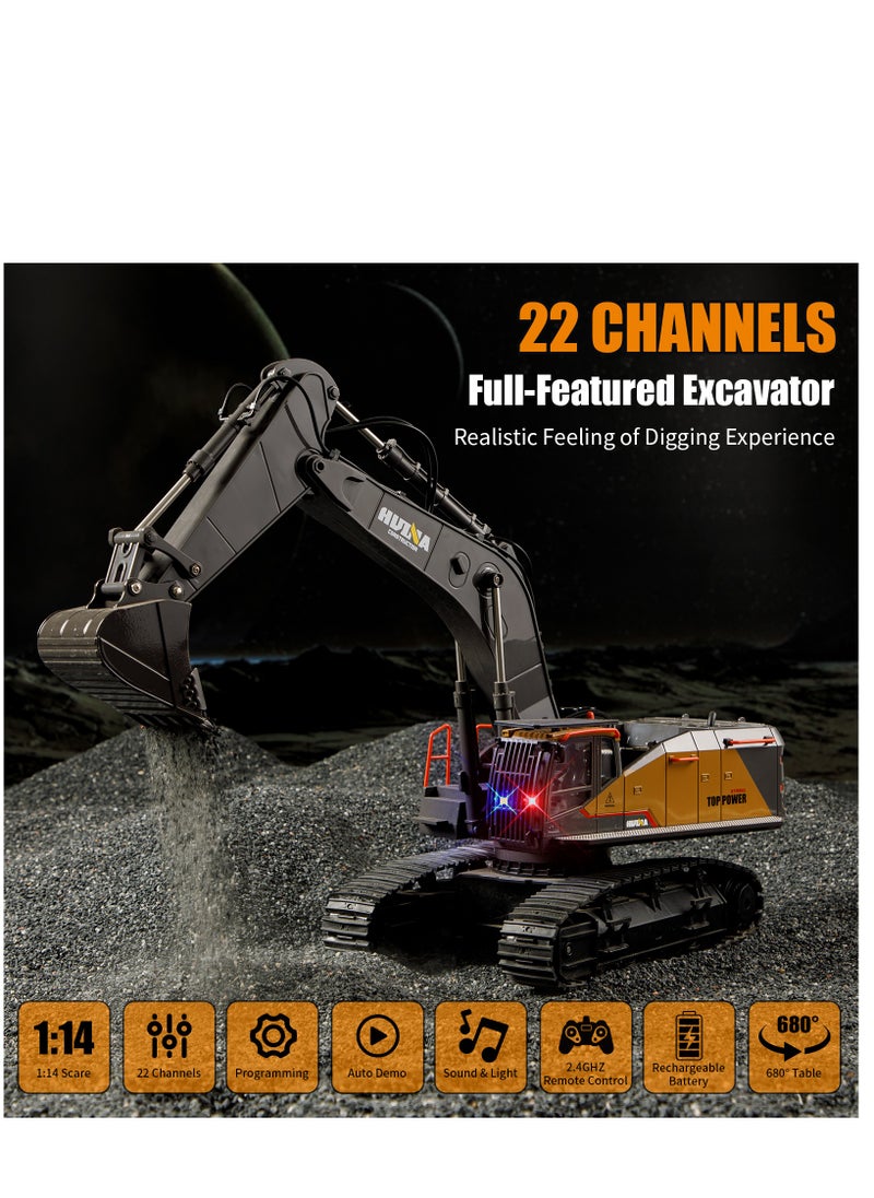 22 Channel RC Excavator Metal Shovel Independent Arms 1/14 Scale, Professional Remote Control Construction Vehicles, Boy Toys Best Gift for 8+ Years Old Boys Adults