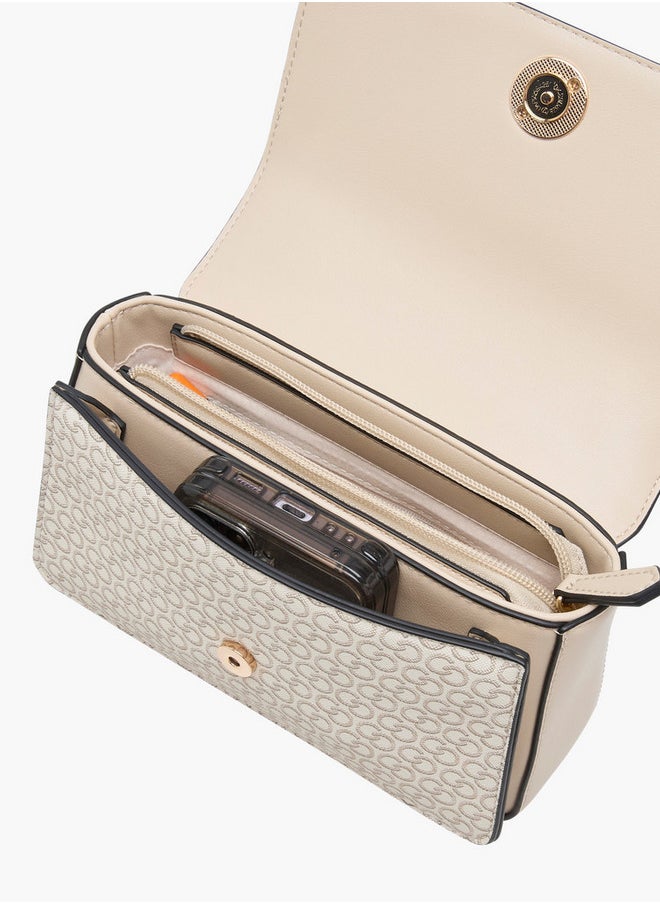 Monogram Print Crossbody Bag with Detachable Chain Strap and Flap Closure