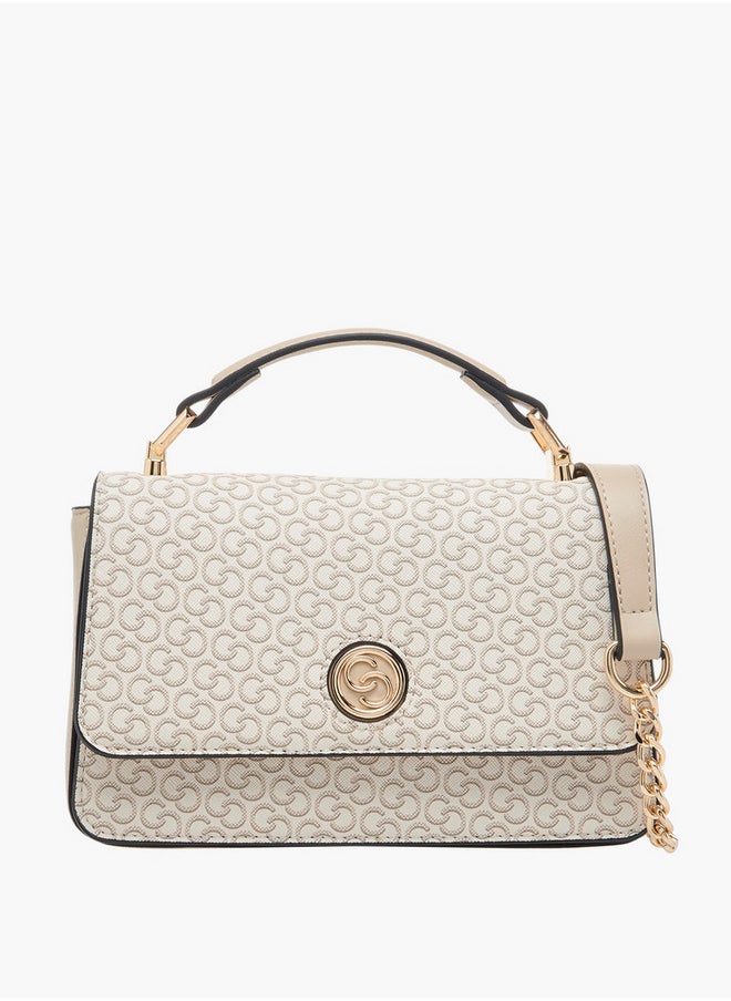 Monogram Print Crossbody Bag with Detachable Chain Strap and Flap Closure