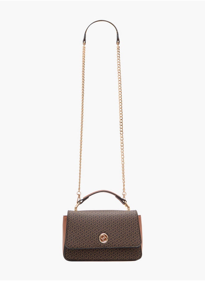 Women's Monogram Print Crossbody Bag with Chain Strap and Flap Closure