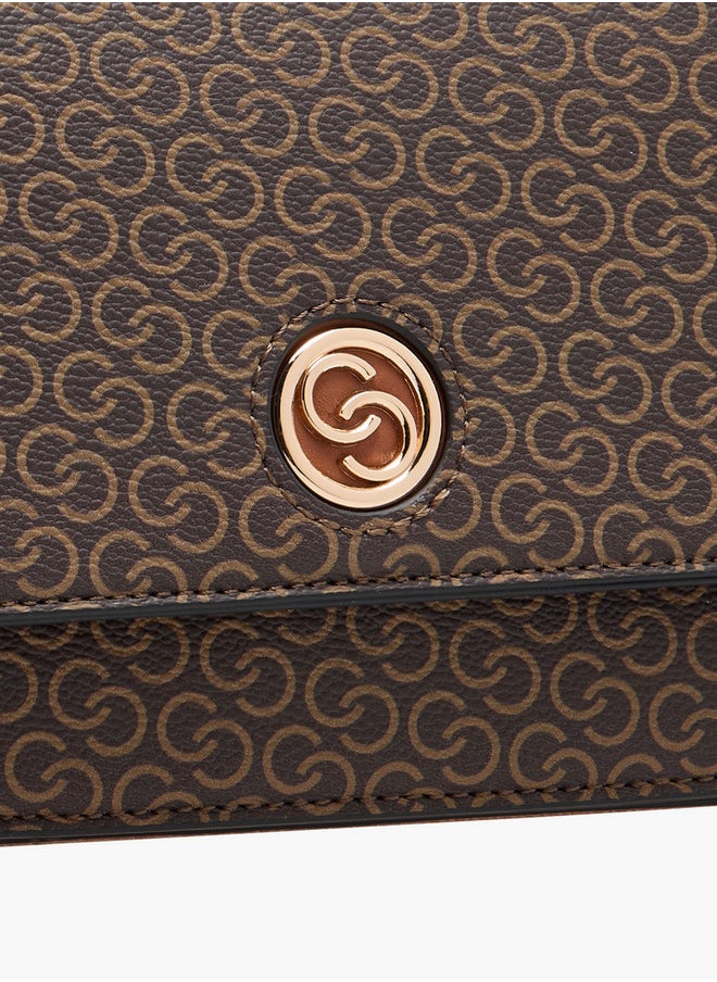 Women's Monogram Print Crossbody Bag with Chain Strap and Flap Closure