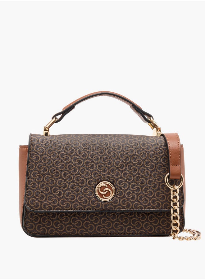 Women's Monogram Print Crossbody Bag with Chain Strap and Flap Closure