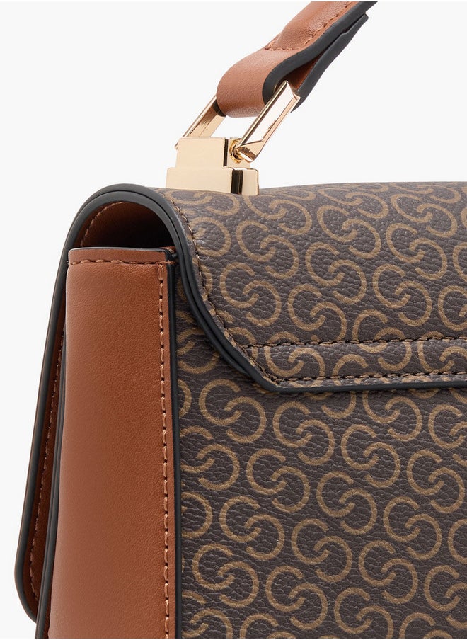 Women's Monogram Print Crossbody Bag with Chain Strap and Flap Closure