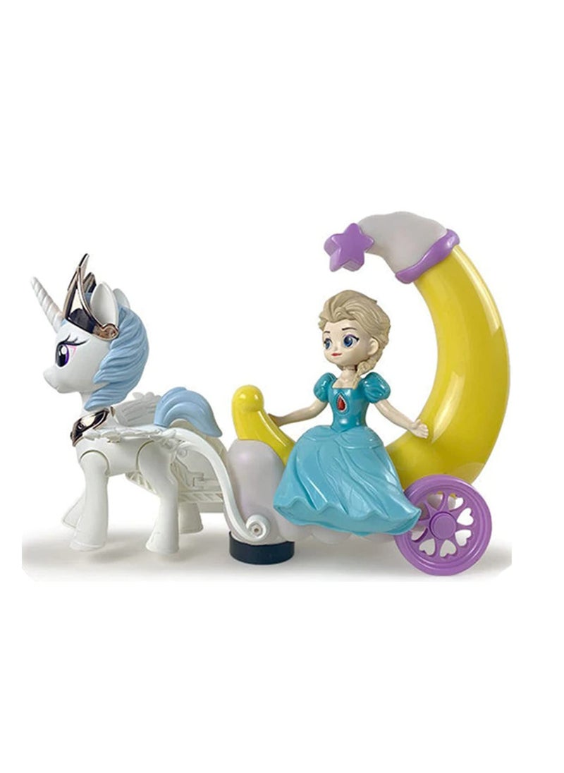 Qwick Click Moon Carriage Princess Series Toy Doll with Unicorn and Moon Interactive Cute Doll Colorful LED Lights and Music for Girls Color and Design as per Stock