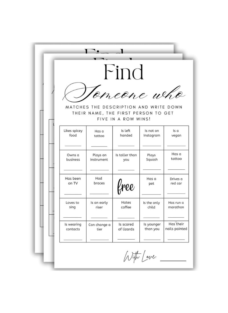 The Decor Cycle Pack of 30 Find Someone Who Person Ice Breaker Bingo Game Decoration Items Activity Cards BirthdayAnniversaryPartiesBacheloretteFarewell Party 4x6 Inches