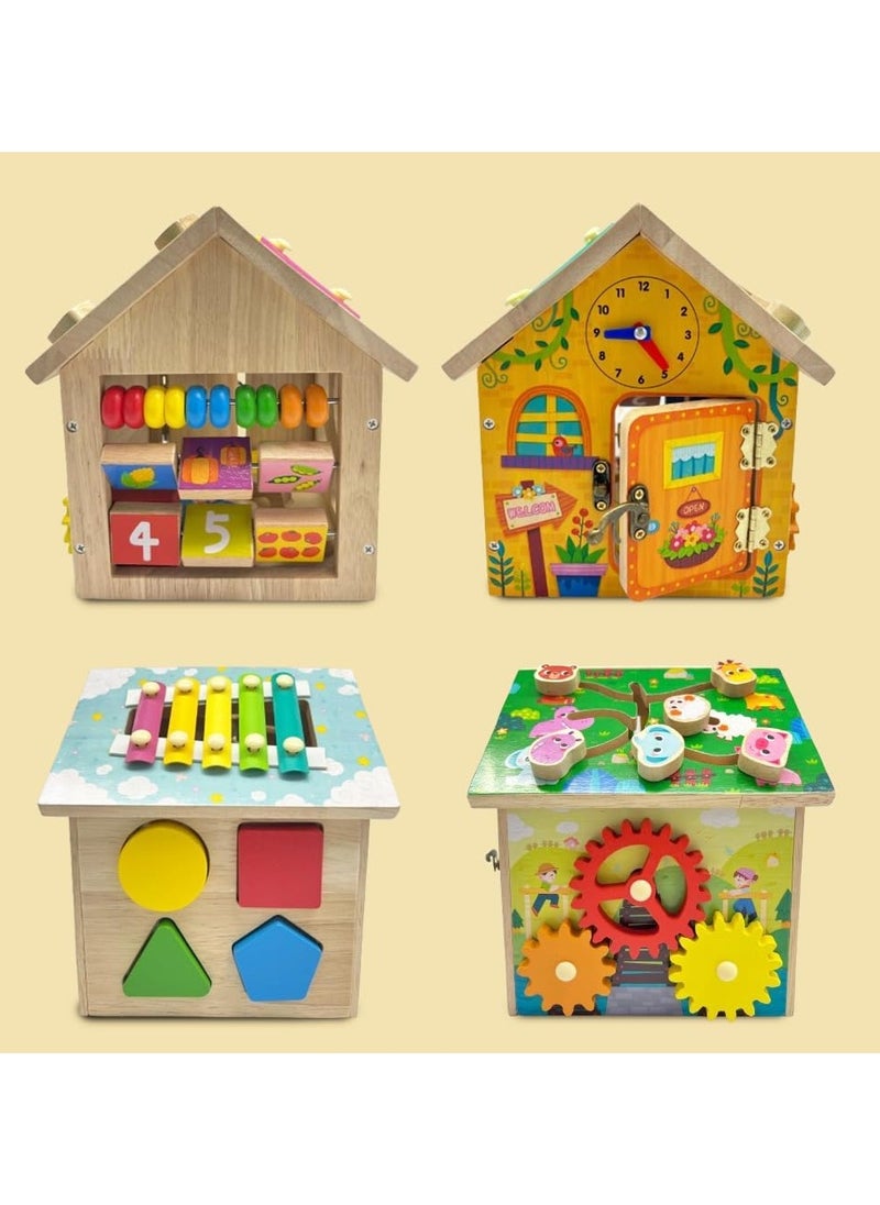 8-in-1 Wooden Montessori Busy House Toy – Educational STEM Activity for Kids – Shape Sorting, Puzzle, Color Recognition – Learning Gift for Boys & Girls