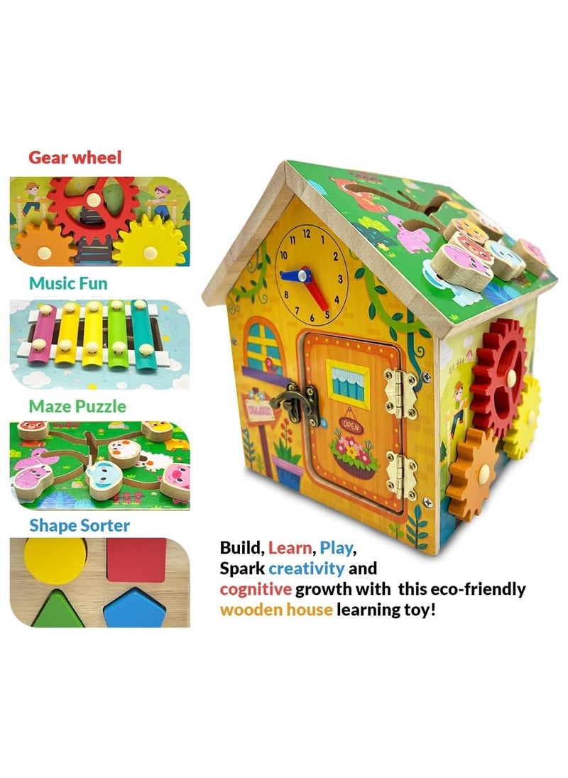 8-in-1 Wooden Montessori Busy House Toy – Educational STEM Activity for Kids – Shape Sorting, Puzzle, Color Recognition – Learning Gift for Boys & Girls