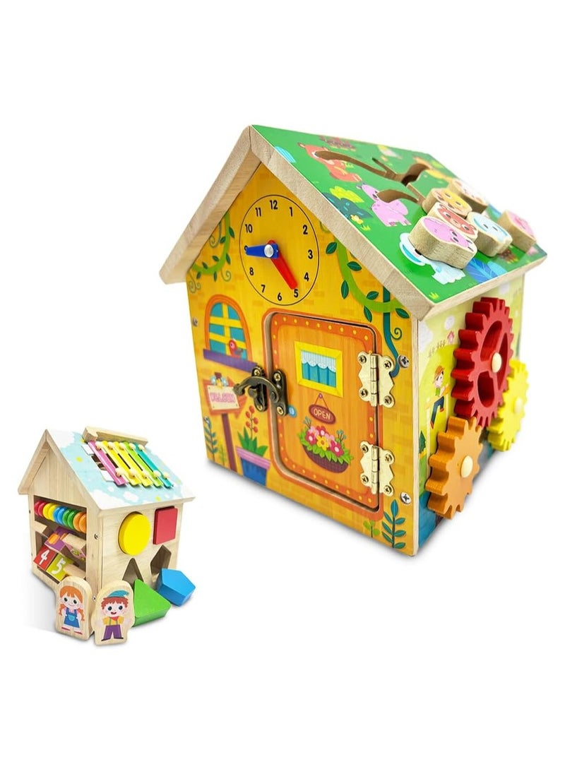 8-in-1 Wooden Montessori Busy House Toy – Educational STEM Activity for Kids – Shape Sorting, Puzzle, Color Recognition – Learning Gift for Boys & Girls