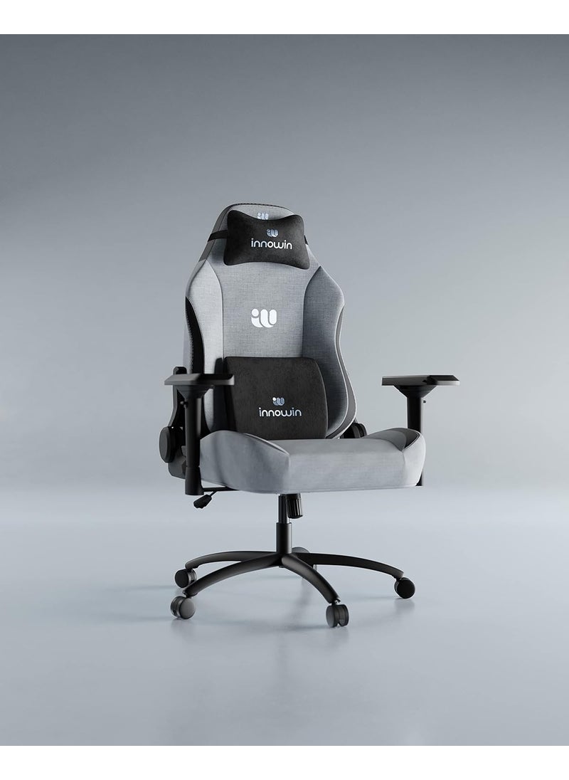 INNOWIN Luna Gaming Chair Ultimate Ergonomic Multi Functional Gaming Chair with 4D Adjustable Arms 180 Tilt Butterfly Mechanism with Cooling Fabric Headrest Lumbar Support Grey and Black