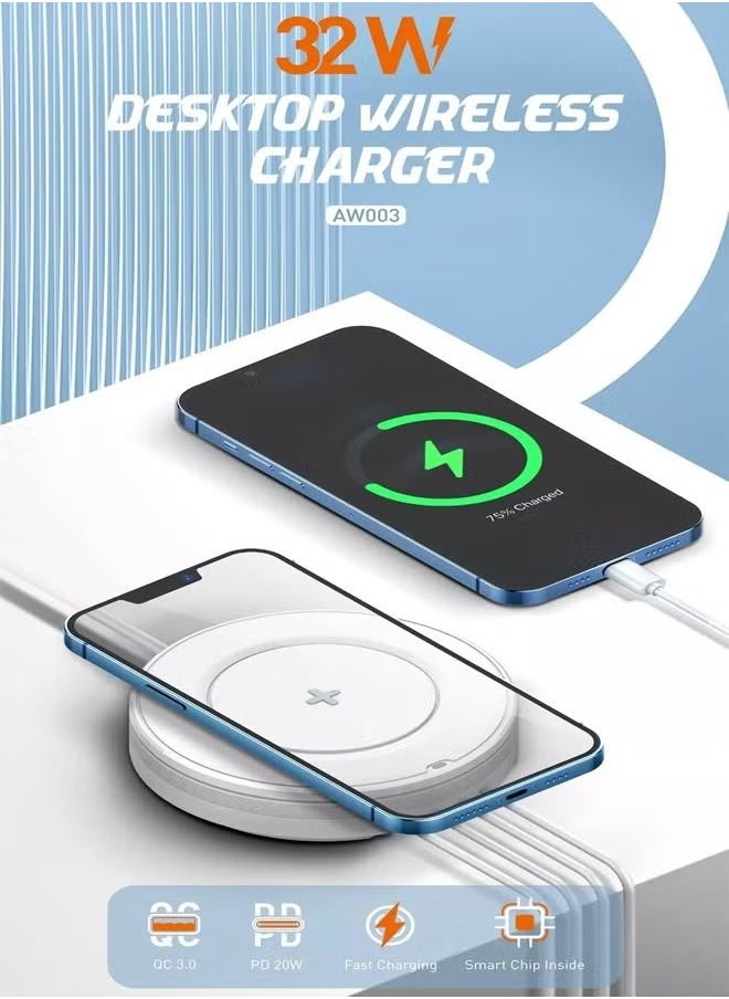32W Wireless Charger 5-in-1 Wireless Charging Station with 15W Qi-Certified Wireless Charger & 32W USB-C Port PD Fast Charger, Portable Multiport Charger for iPhone, iPad, Samsung and More