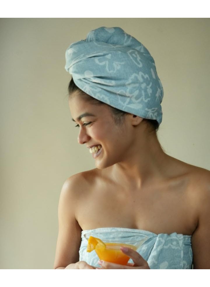 Doctor Towels CottonBanana Yarn Hair TowelHair Wrap For Women 300 TC Towel For Long Short Hair AntiFrizz Shower Hair Towels With Button QuickDrying Hair Cap Blue Floral Towel Pack Of 1