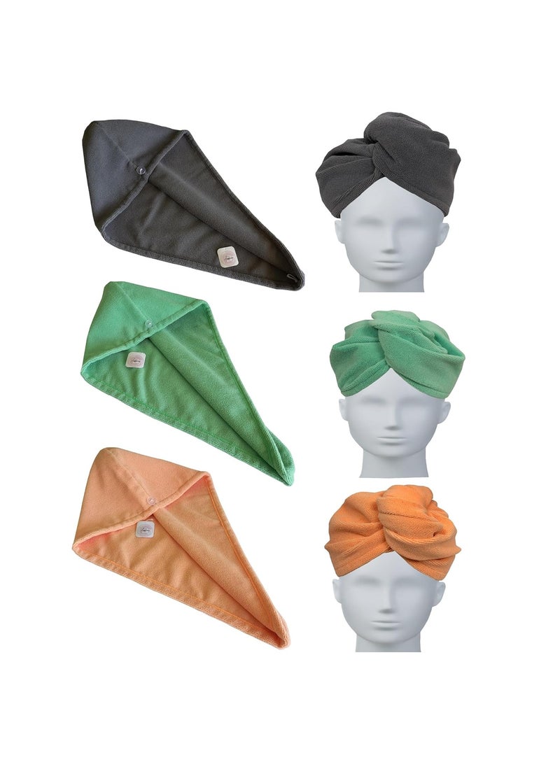 Addone Microfiber Hair Towel Wrap QuickDry UltraSoft Hair Drying Caps for Women Lightweight AntiFrizz Bath Towels Pack of 3 Orange Green Grey