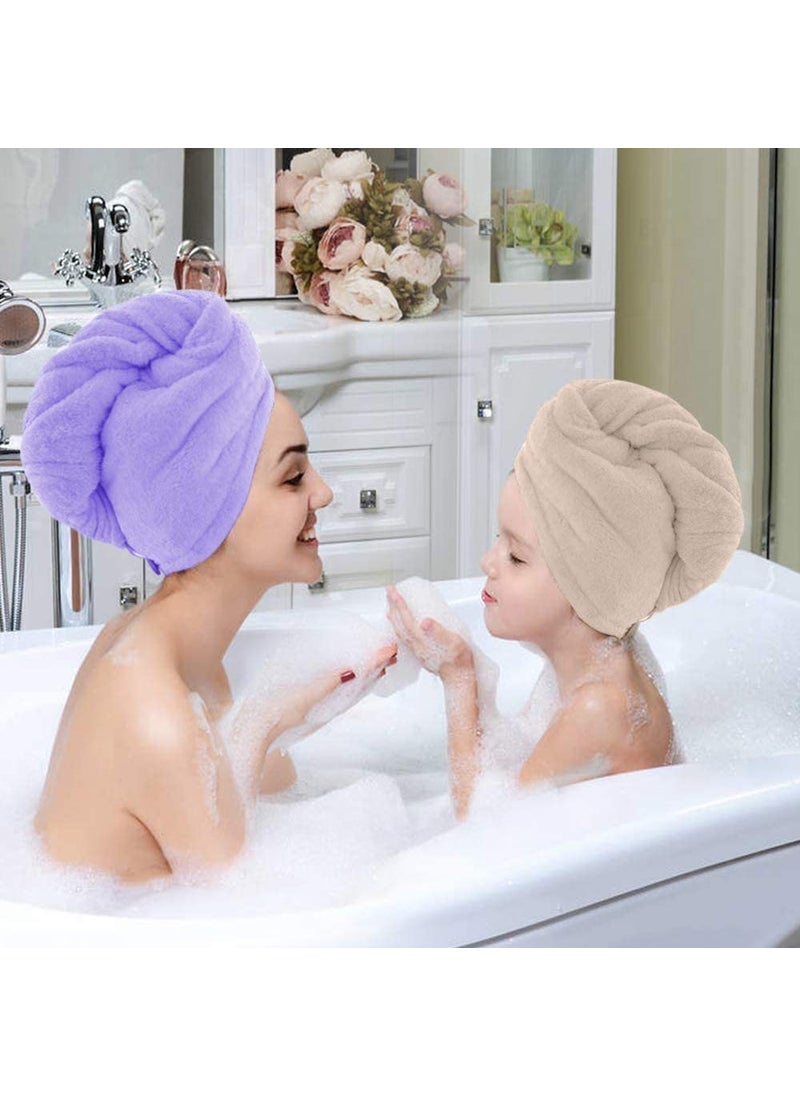 ACHAL 2Pcs Microfiber Cotton Quick Turban Hair Towel for Women Fast Hair Drying Super Absorbent Towel Dry Shower Caps Magic Anti Frizz Heavy Hair Towel Purple Beige Color