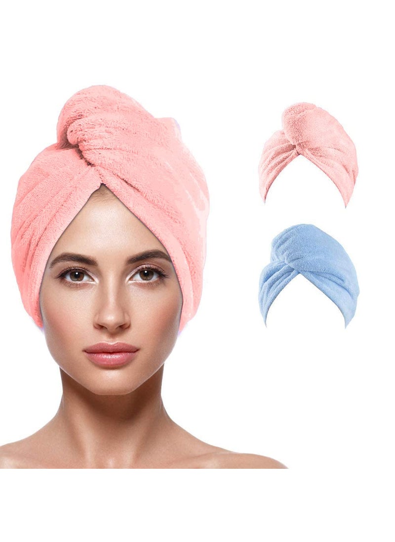 ACHAL 2pcs Towel Heavy Quality Microfiber Cotton Quick Hair Towel for Girls Women Turban Magic Hair Drying Shower Cap Water Absorbent Hair Pink Blue Color