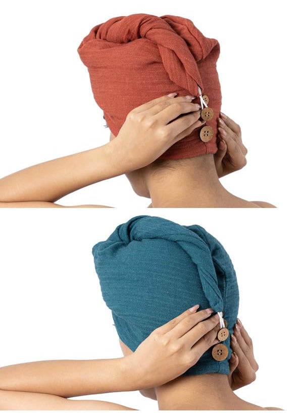 Doctor Towels Banana Double Cloth Hair Towel Pack of 2 Hair Wrap for Women Towel for Long Short Hair AntiFrizz Shower Hair Towels with Button QuickDrying Hair Cap Terracotta Teal