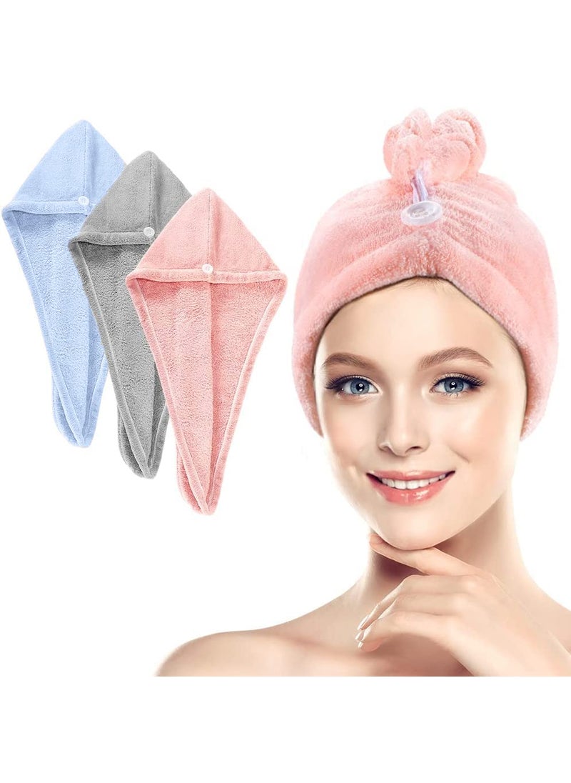 ACHAL 3Pcs Microfiber Cotton Hair Towel Quick Turban Magic Hair Wrap for GirlsWomen Fast Hair Drying Super Water Absorbent Hair Dry Anti Heavy Hair Towel Grey Blue Pink