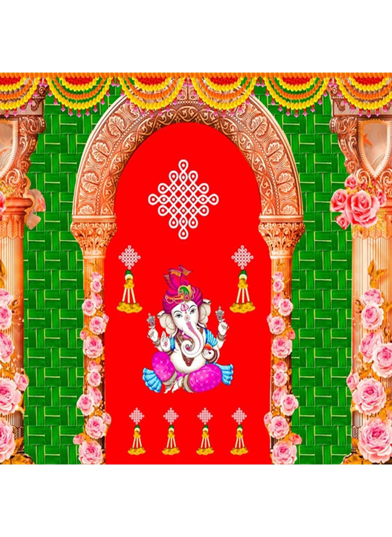 SATVIK 8x5ft Fabric Backdrop for Indian Pooja Dcor Ganpati Photo Traditional Puja Cloth Backdrop Mehndi Diwali Festival Marigold Flower Garland Tulle Curtain Wedding Bridal Baby Shower Wall Banner