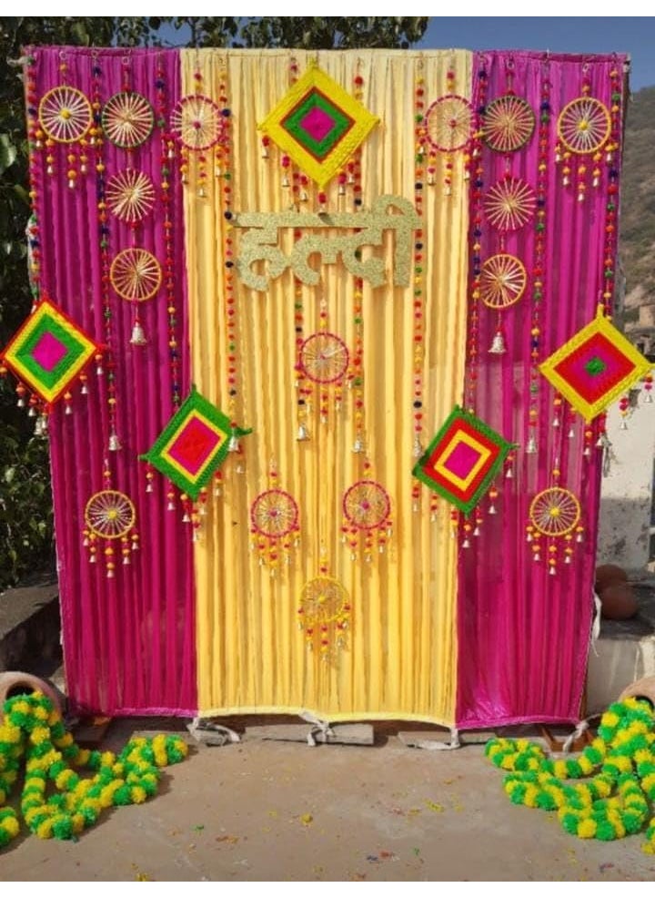 Sellplus Backdrop Setup for Mehndi haldi Marrige Pooja ganpati Home Decoration Combo of Marigold Strings Set 31