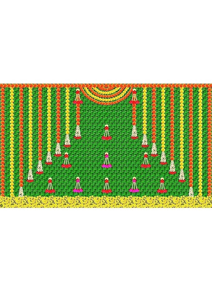 SATVIK 8x5ft Fabric Backdrop for Pooja Pujan Decor Marigold Garland Leaf Print Indian Festive Puja Cloth Diwali Mandir Mehndi Haldi Flower Curtain Wedding Anniversary Bridal Baby Shower Wall Banner