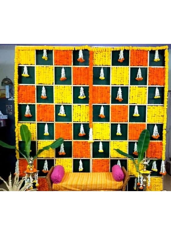 Sellplus Backdrop Setup for Mehndi haldi Marrige Pooja ganpati Home Decoration Combo of Marigold Strings Set 42