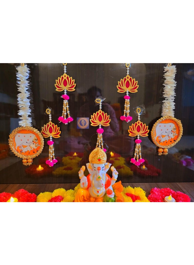 Sellplus Handmade Item Backdrop Satup Combo Set of 5 Cardboard Lotus String 2 Cow Paper Gajra String for Ganesh Chaturthi Puja Ghar Diwali and All Festival Decoration