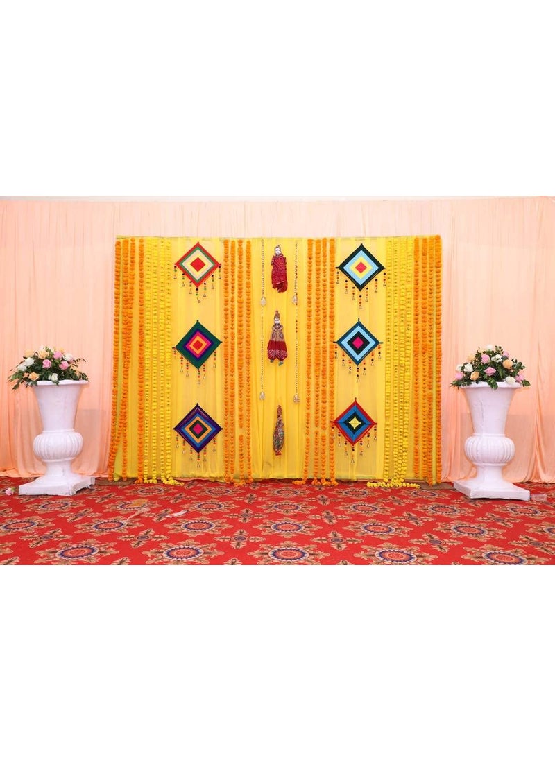 Just Flowers Stage Backdrop Decoration Items for Haldi Mehndi Wedding Festival Decoration Set of 6Pc Woolen Kite with Bells 3Pc Kathputli Puppets Multicolor
