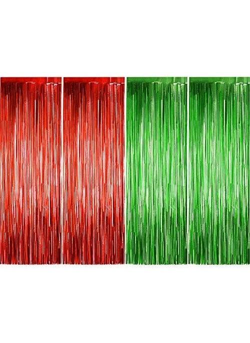 Urvi Creations 4 Pcs Green and Red Colour 3ft x 6ft Tinsel Metallic Foil Fringe Curtains Party Stage Backdrop Simmer Curtain for Valentines Day WeddingAnniversary Birthday
