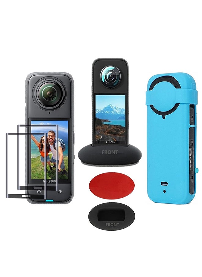 O Ozone Silicone Protective Case for Insta360 X4 Accessories + (2 Pack) Tempered Glass Screen Protector Film + Silicone Desktop Base Stand Non-Slip Mount Accessories for Insta360 X4 - Blue
