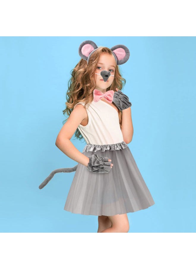 6 Pieces Mouse Costume Accessory Set Mice Headband Mouse Ears Nose Bow Tie Tail Tutu Skirt Gloves for Kids Adult Carnival World Book Day Cosplay Halloween Party