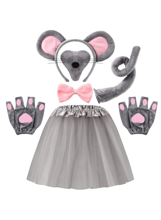6 Pieces Mouse Costume Accessory Set Mice Headband Mouse Ears Nose Bow Tie Tail Tutu Skirt Gloves for Kids Adult Carnival World Book Day Cosplay Halloween Party
