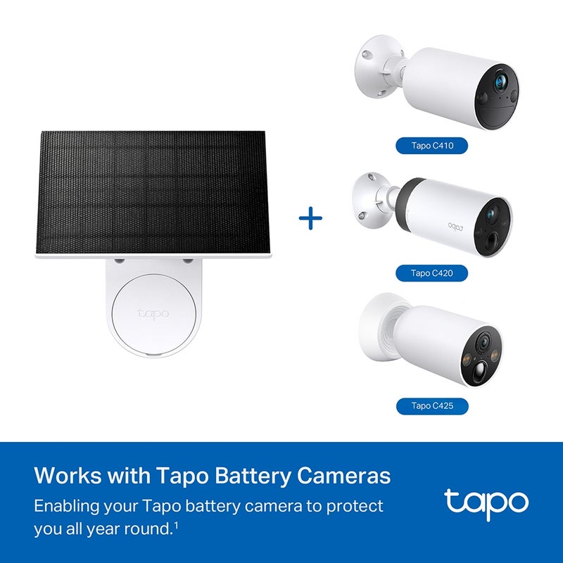 Tapo A201 Solar Panel for Tapo Battery Cameras with Non-Stop Power Supply, High-Efficiency Solar Cells, Flexible Installation, IP65 Weatherproofing, and Angle-Adjustable Mounting Bracket for Continuous Surveillance
