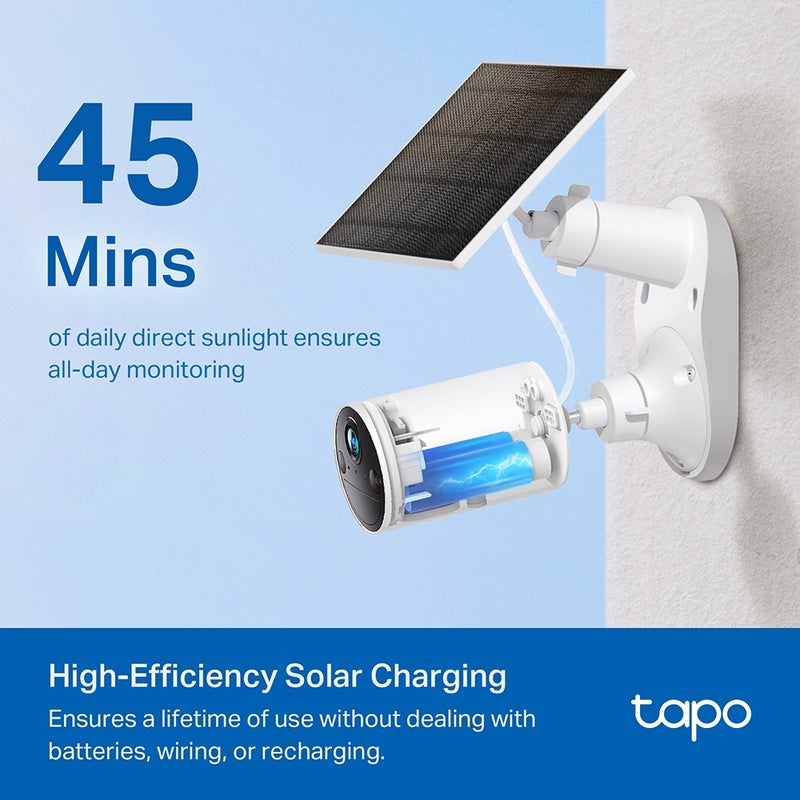 Tapo A201 Solar Panel for Tapo Battery Cameras with Non-Stop Power Supply, High-Efficiency Solar Cells, Flexible Installation, IP65 Weatherproofing, and Angle-Adjustable Mounting Bracket for Continuous Surveillance