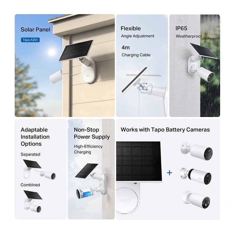 Tapo A201 Solar Panel for Tapo Battery Cameras with Non-Stop Power Supply, High-Efficiency Solar Cells, Flexible Installation, IP65 Weatherproofing, and Angle-Adjustable Mounting Bracket for Continuous Surveillance