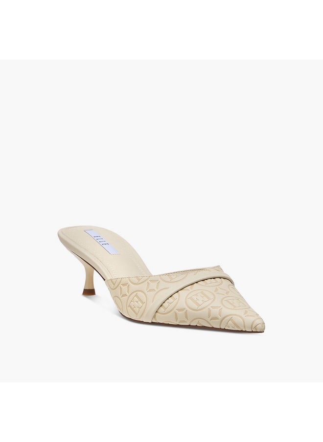 Women's Monogram Detail Slip-On Mules with Kitten Heels