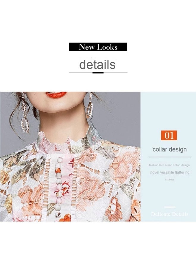 Floral Hollow-Out Stand Collar Long Sleeve High Waist Puff Sleeve Mini Dress