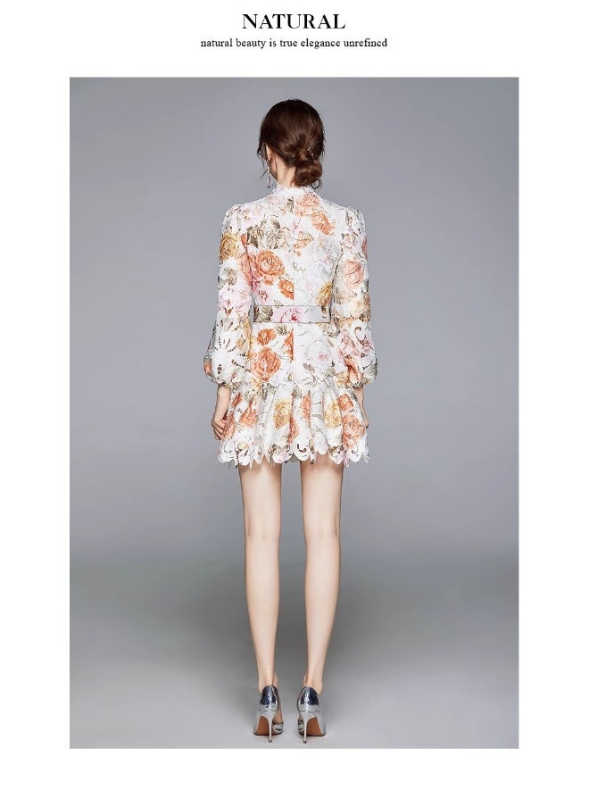Floral Hollow-Out Stand Collar Long Sleeve High Waist Puff Sleeve Mini Dress