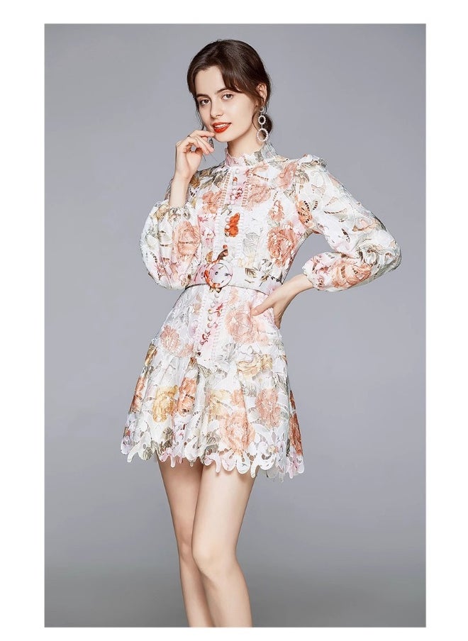Floral Hollow-Out Stand Collar Long Sleeve High Waist Puff Sleeve Mini Dress