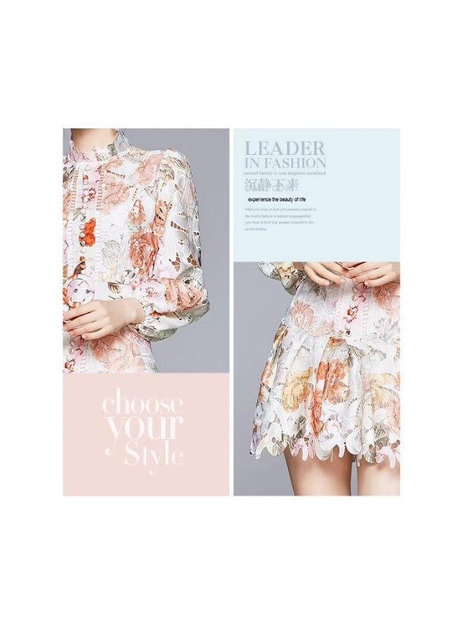 Floral Hollow-Out Stand Collar Long Sleeve High Waist Puff Sleeve Mini Dress