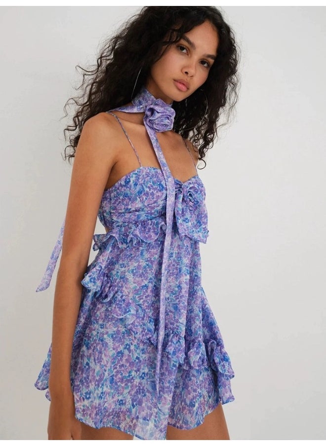Ruffled Hem Backless Floral Cami Mini Dress